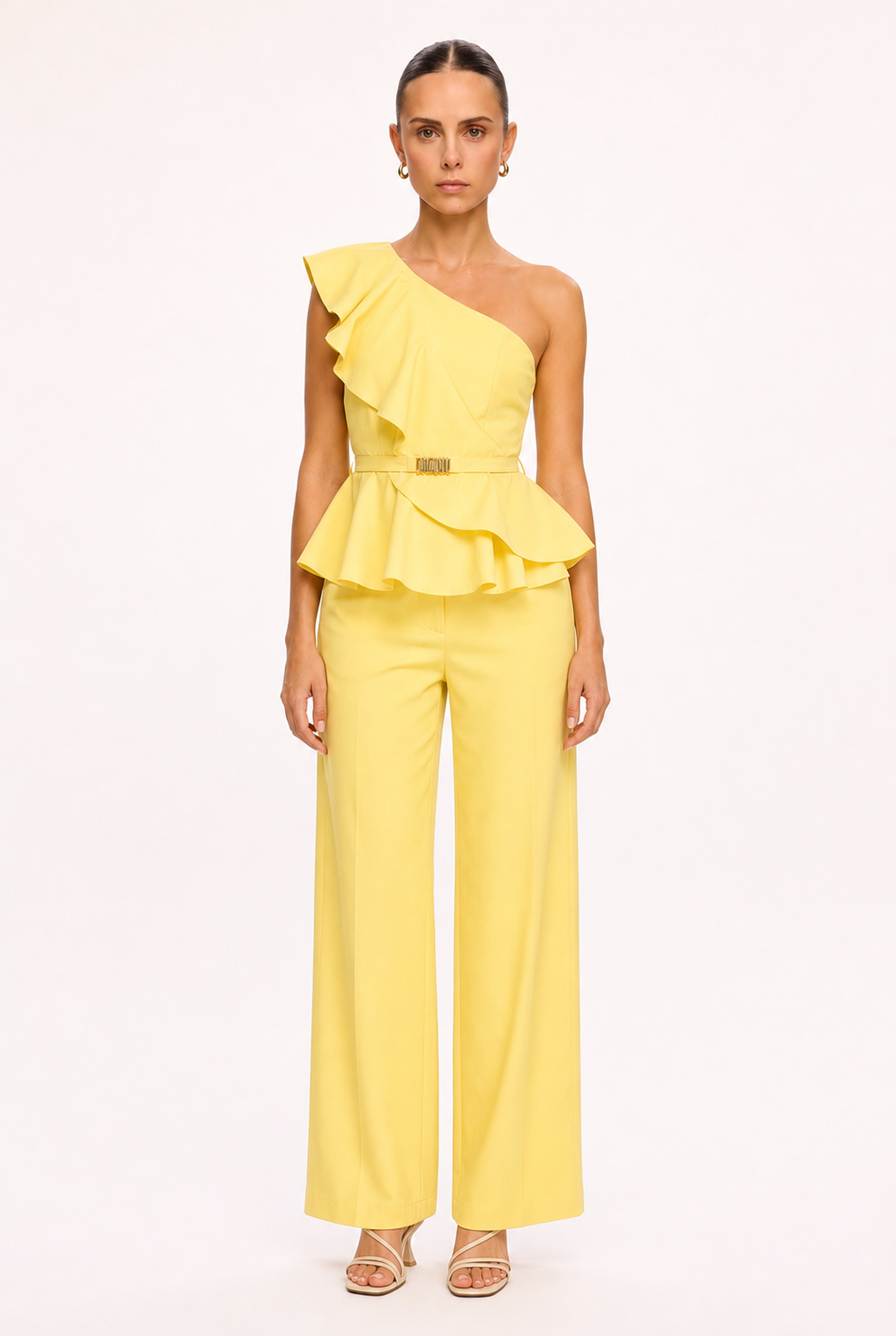 YELLOW RUFFLED ASYMMETRIC TOP AND PANTS SET - Front view