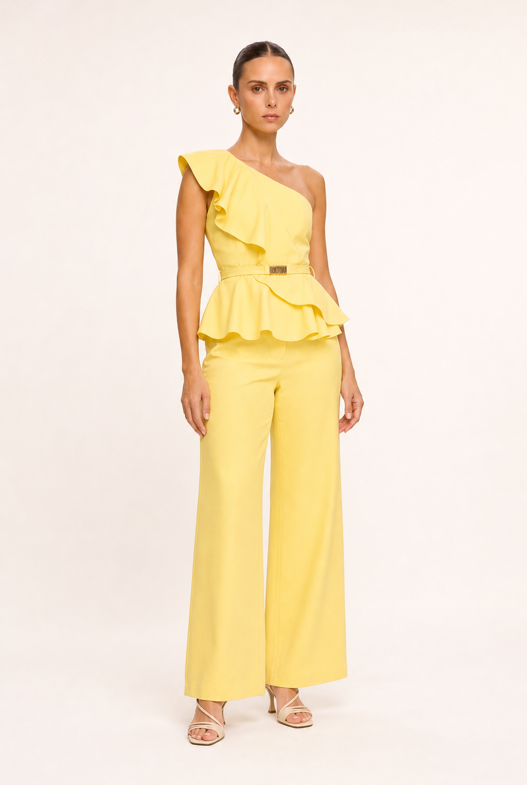 YELLOW RUFFLED ASYMMETRIC TOP AND PANTS SET - Alternate view
