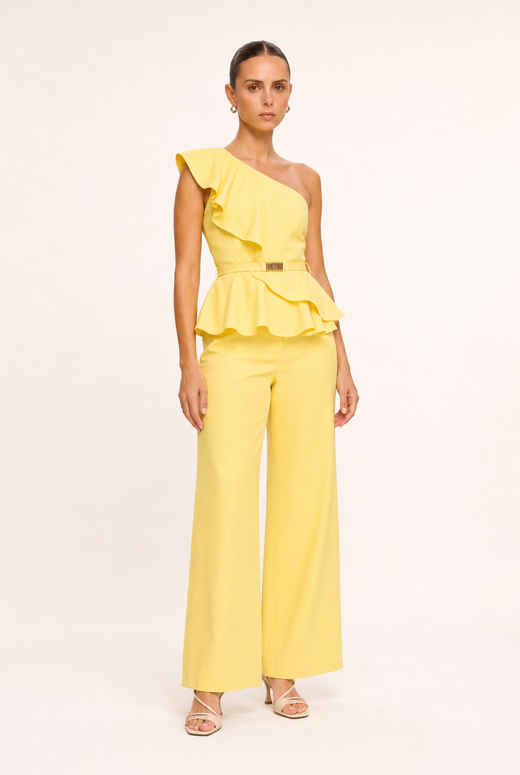 YELLOW RUFFLED ASYMMETRIC TOP AND PANTS SET - Alternate view