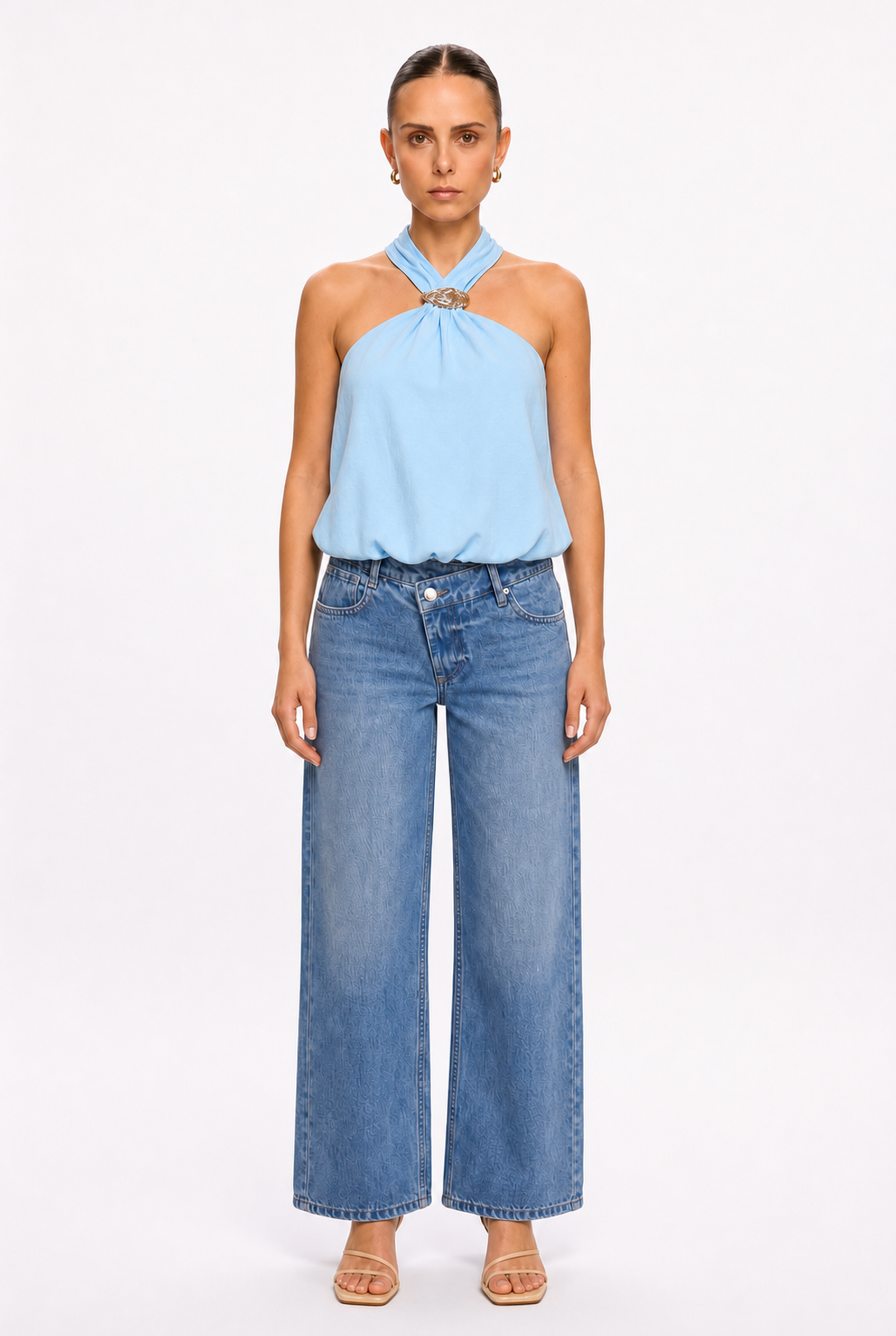 SKY BLUE HALTER TOP WITH GOLD TRIM - Front view