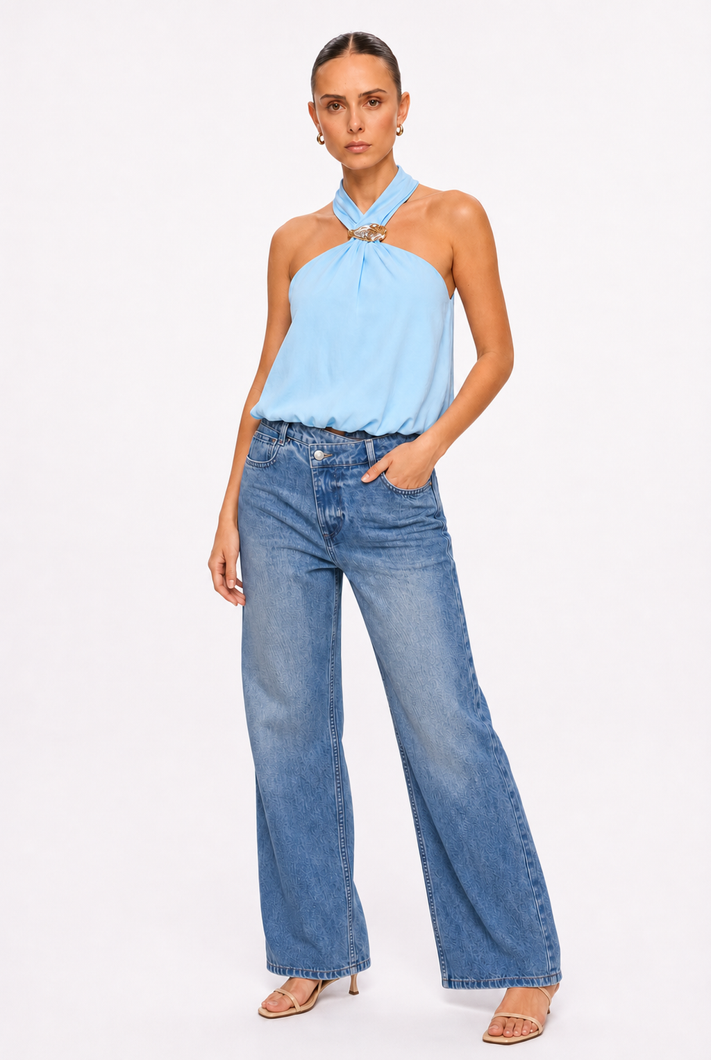 SKY BLUE HALTER TOP WITH GOLD TRIM - Three-quarter view