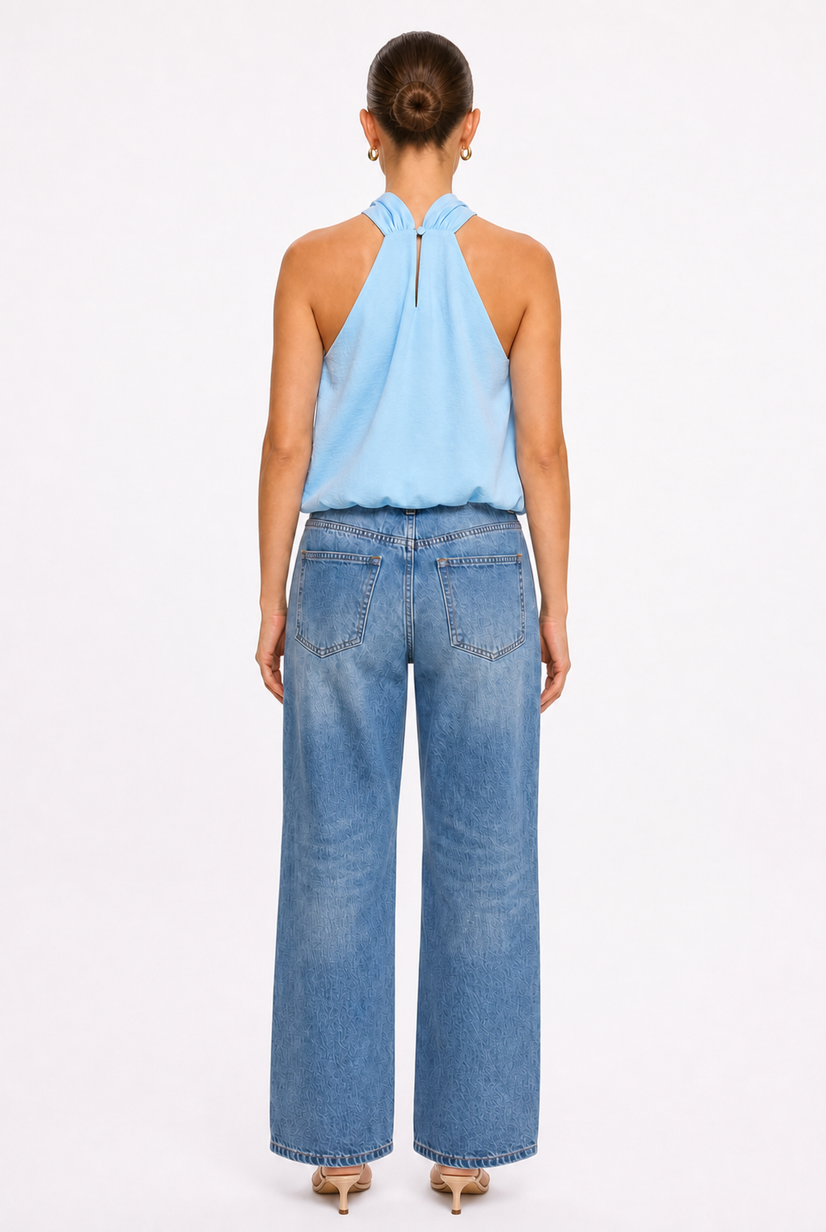 SKY BLUE HALTER TOP WITH GOLD TRIM - Alternate view
