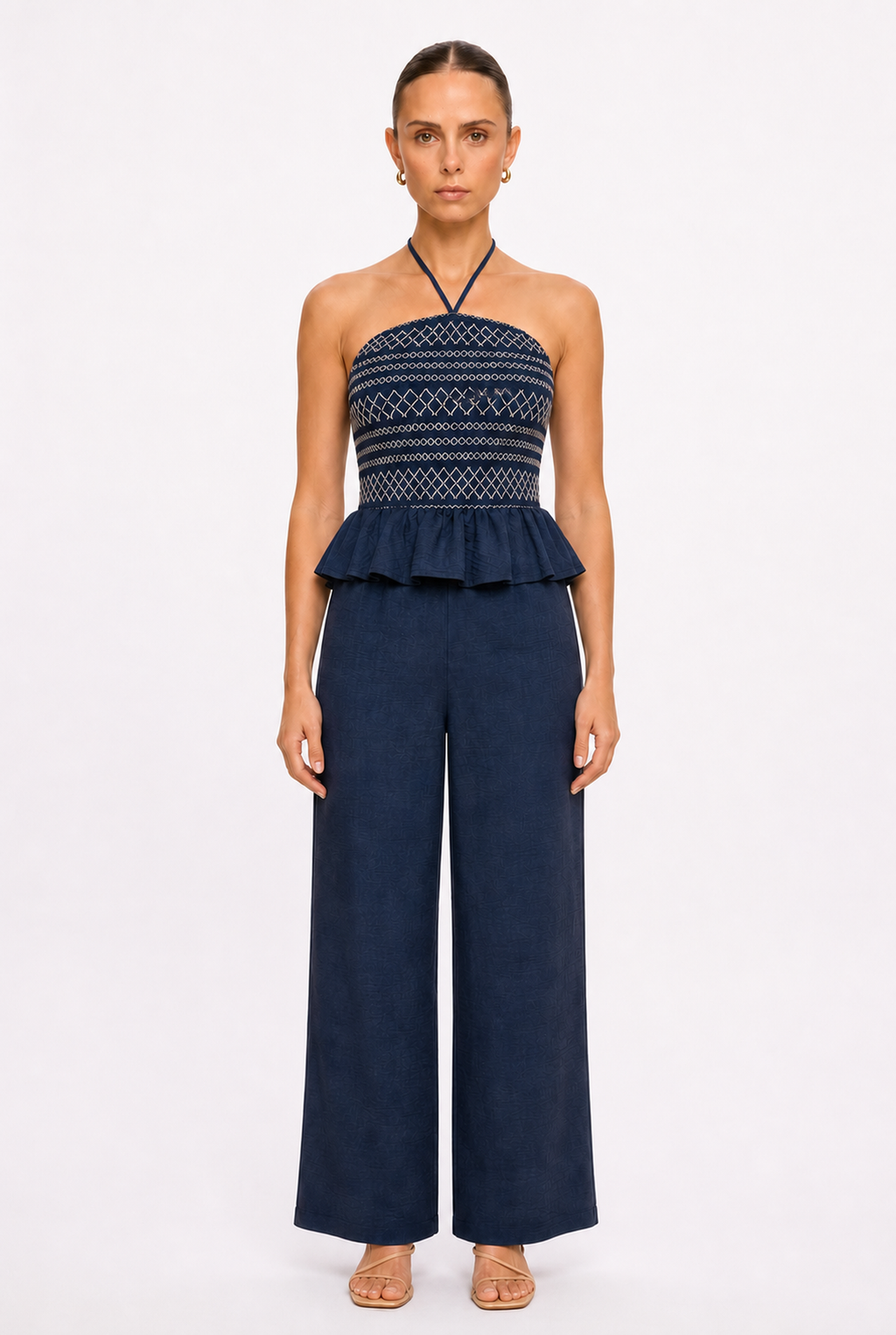 NAVY EMBROIDERED HALTER JUMPSUIT - Front view