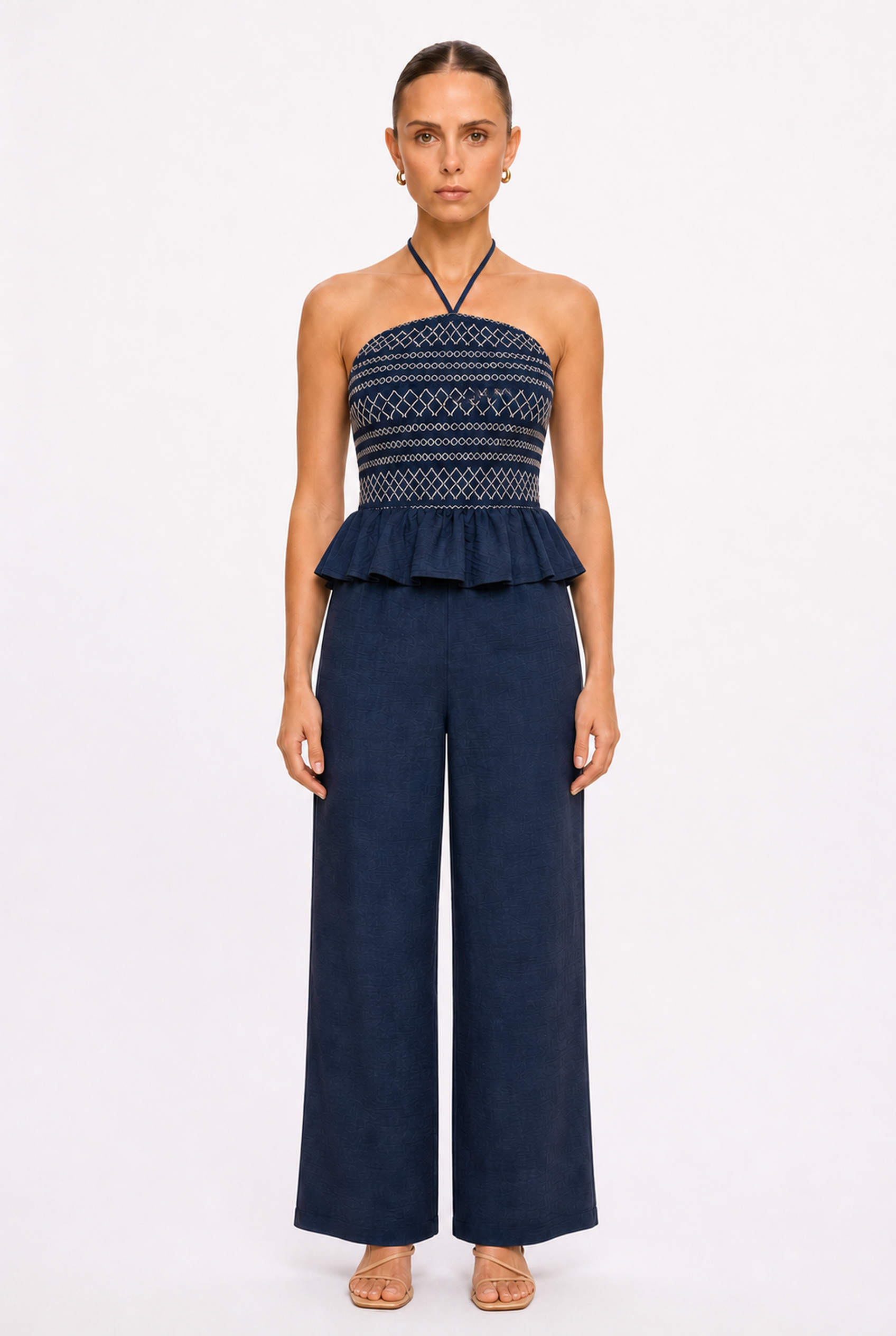 NAVY EMBROIDERED HALTER JUMPSUIT - Front view