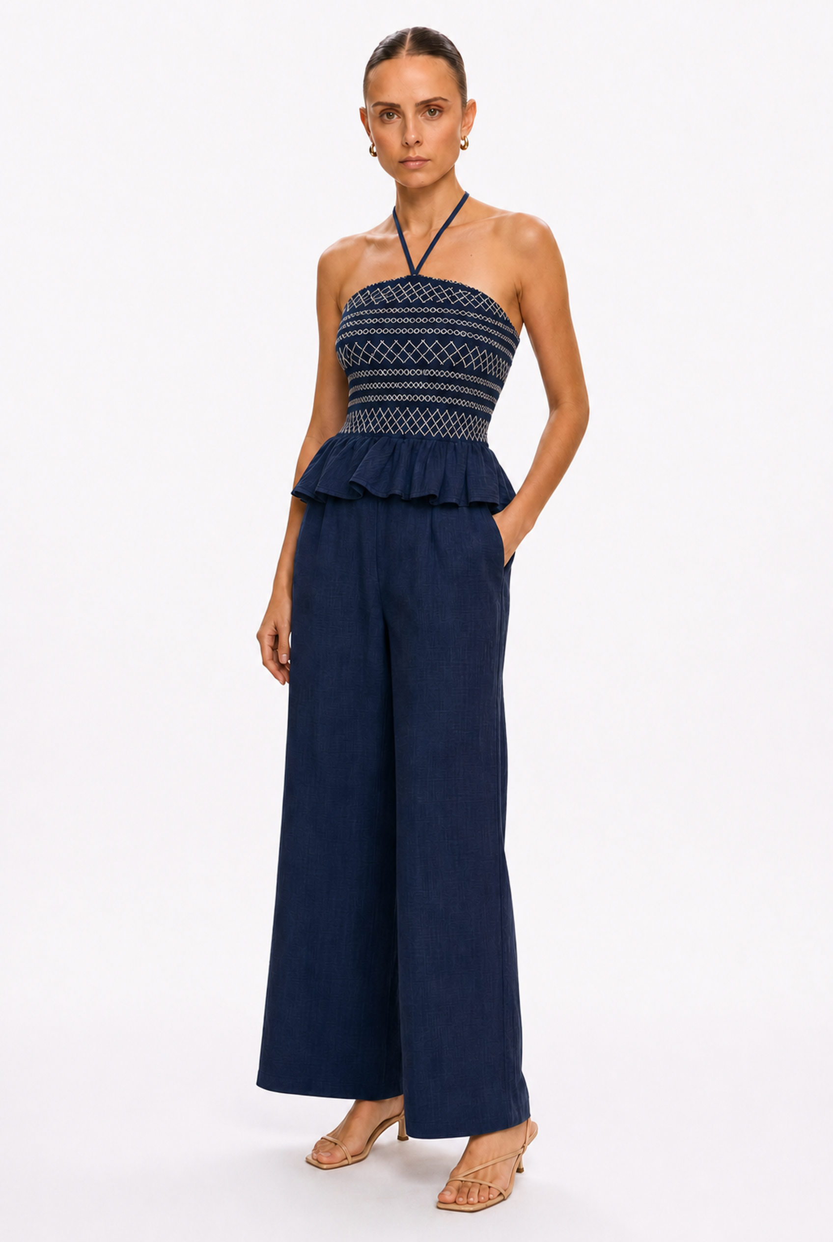 NAVY EMBROIDERED HALTER JUMPSUIT - Three-quarter view