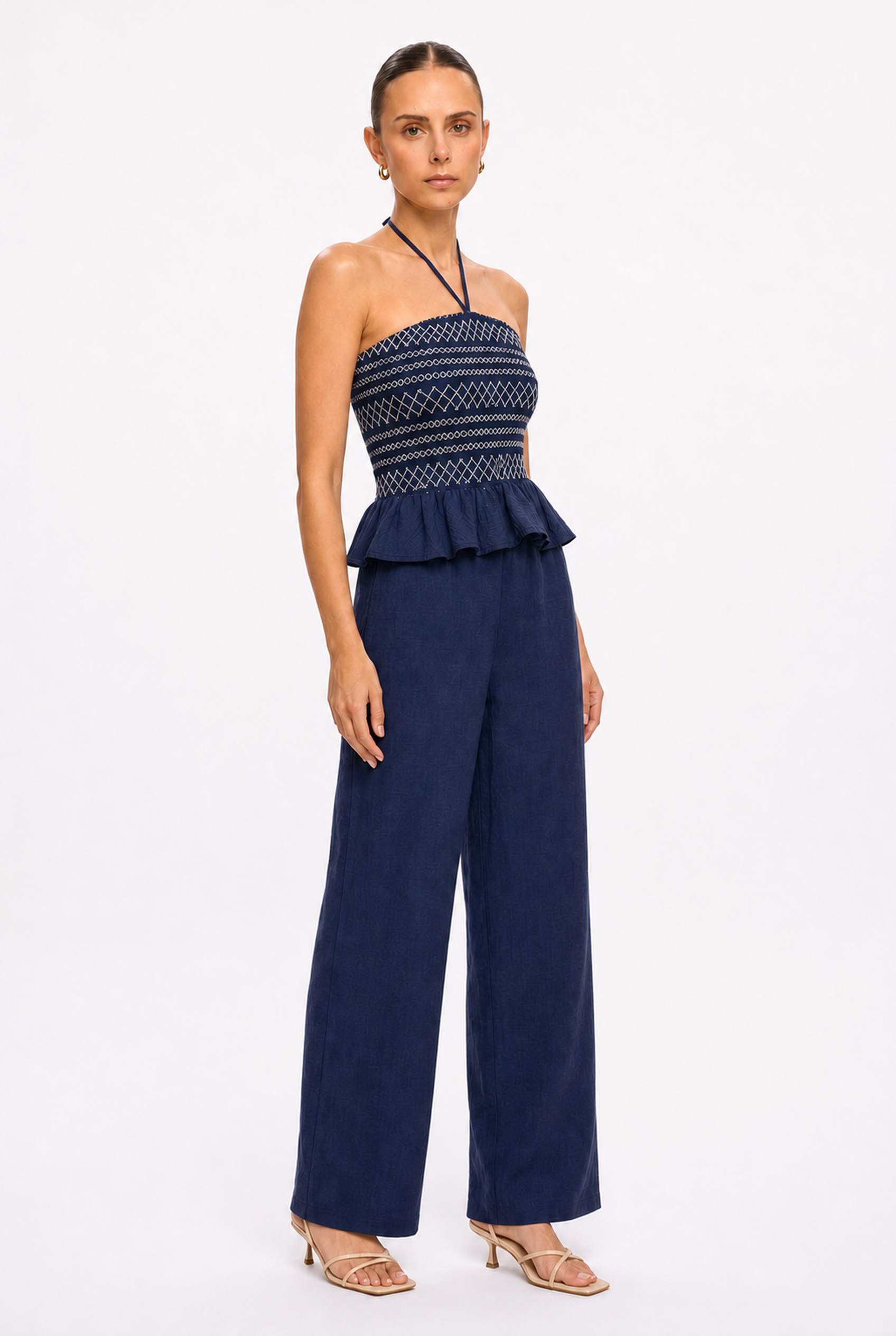 NAVY EMBROIDERED HALTER JUMPSUIT - Alternate view