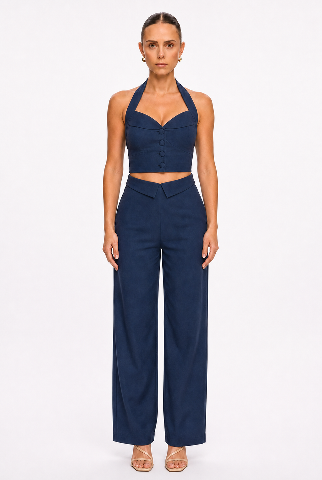 NAVY CROPPED HALTER TOP AND PANTS SET - Front view