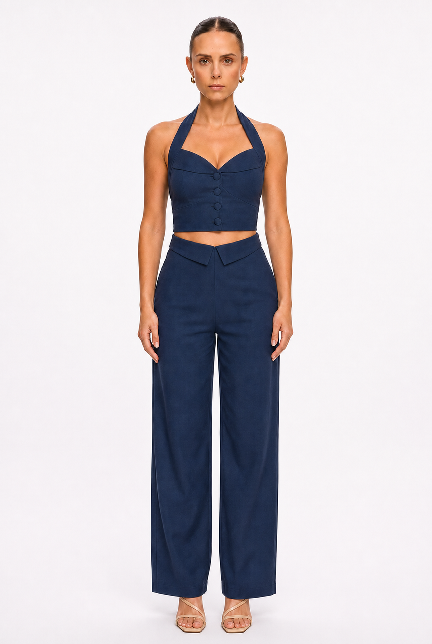 NAVY CROPPED HALTER TOP AND PANTS SET - Front view