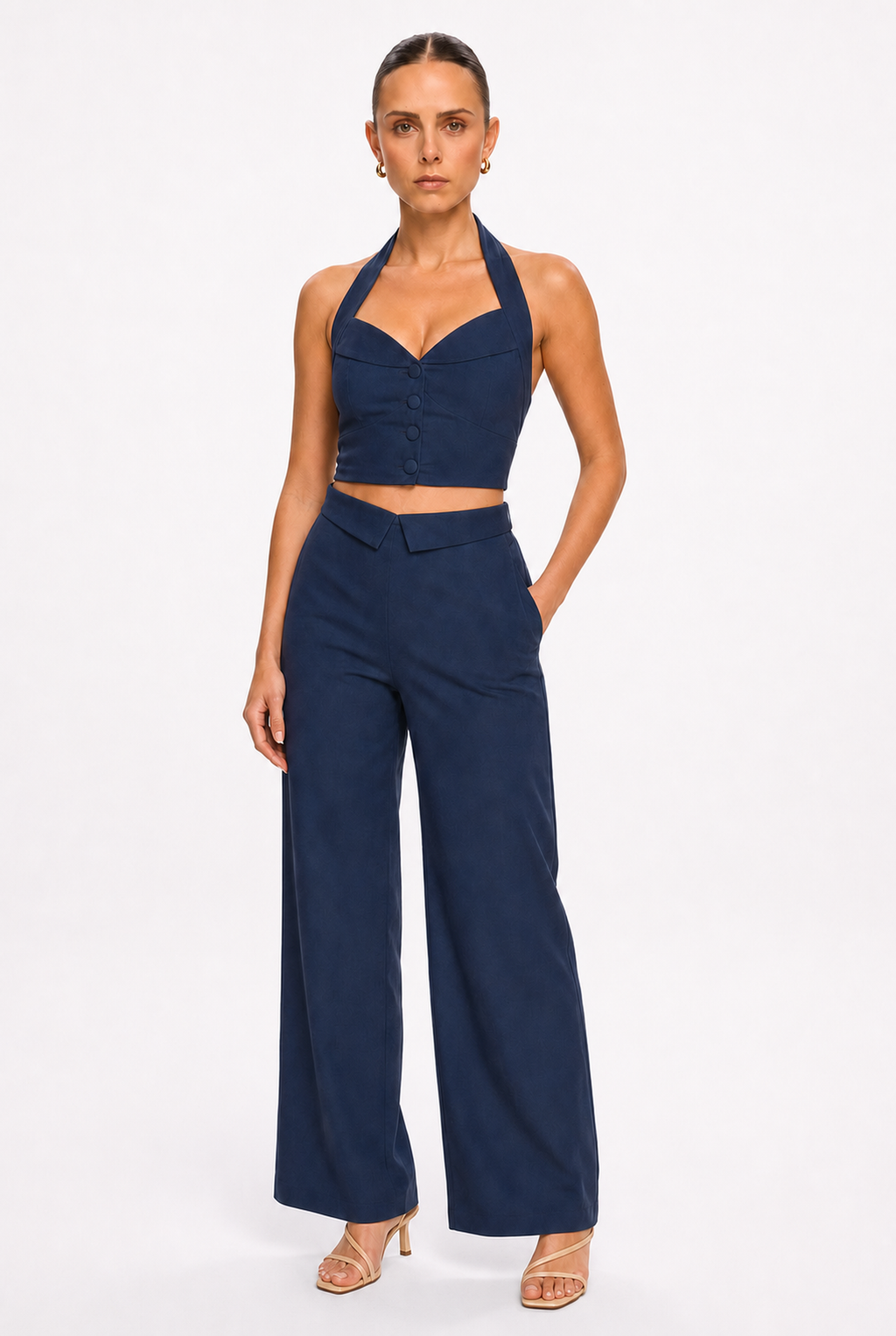 NAVY CROPPED HALTER TOP AND PANTS SET - Three-quarter view