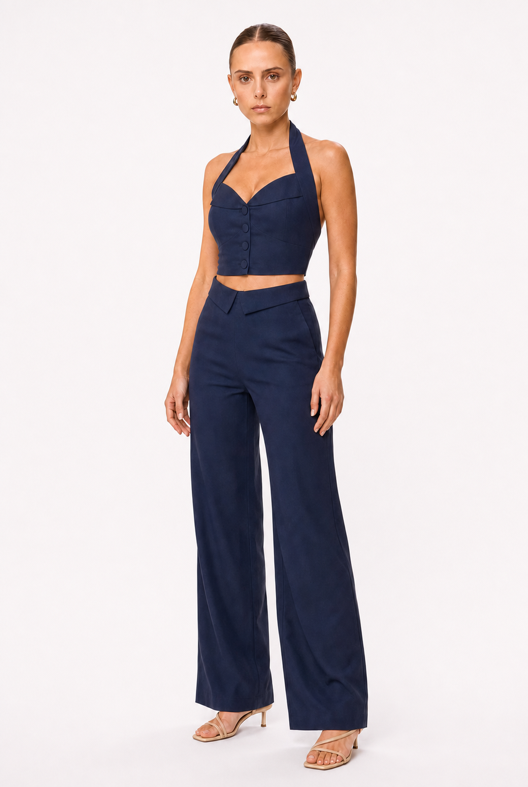 NAVY CROPPED HALTER TOP AND PANTS SET - Alternate view