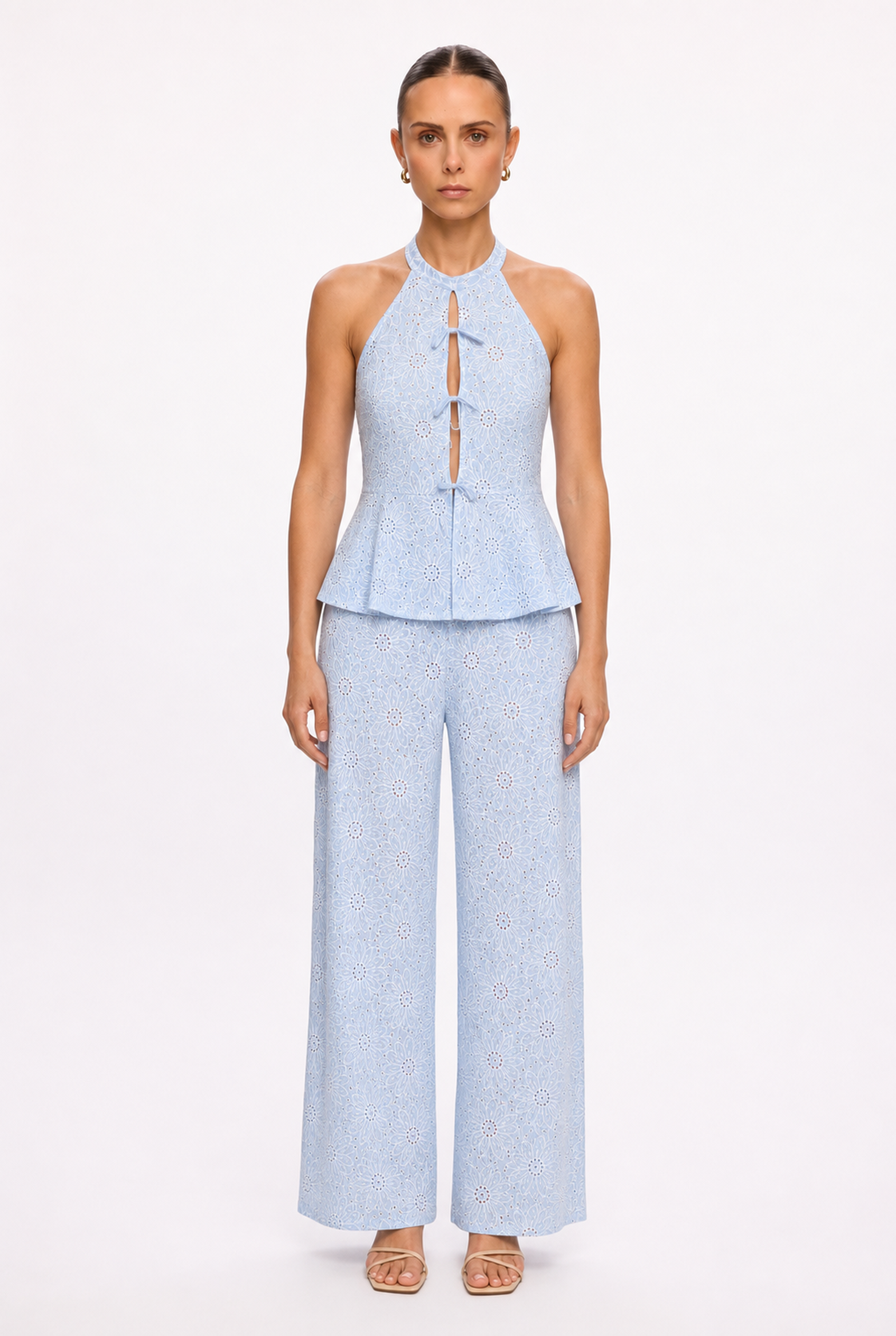 SKY BLUE HALTER PEPLUM TOP AND PANTS SET - Front view