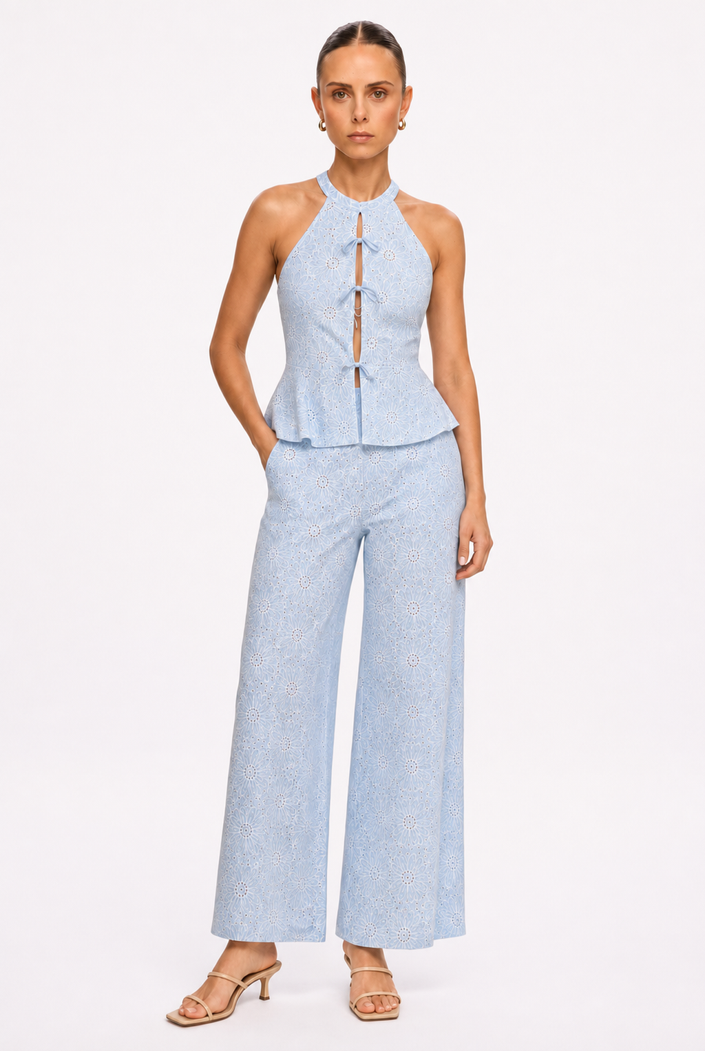 SKY BLUE HALTER PEPLUM TOP AND PANTS SET - Three-quarter view