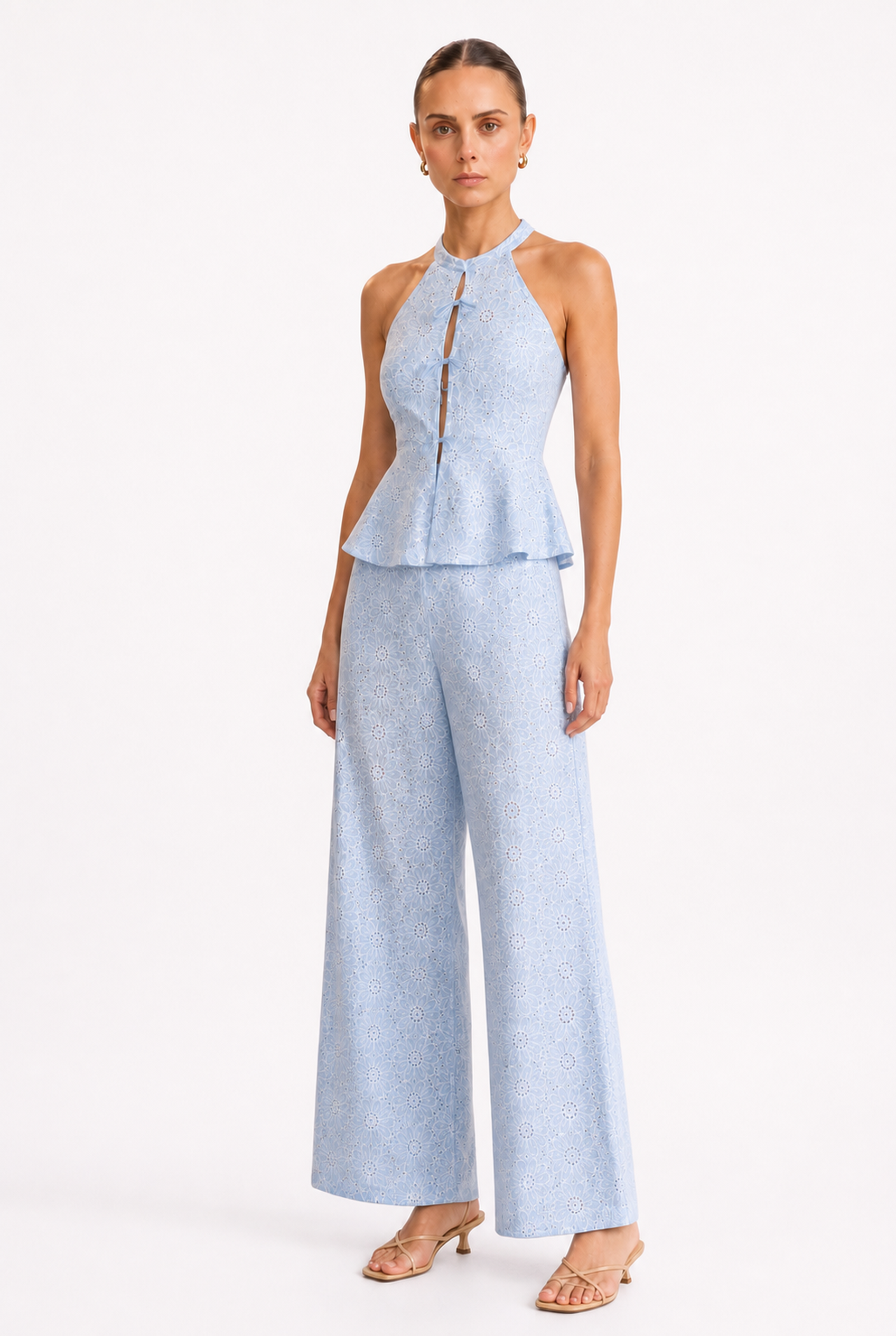 SKY BLUE HALTER PEPLUM TOP AND PANTS SET - Alternate view