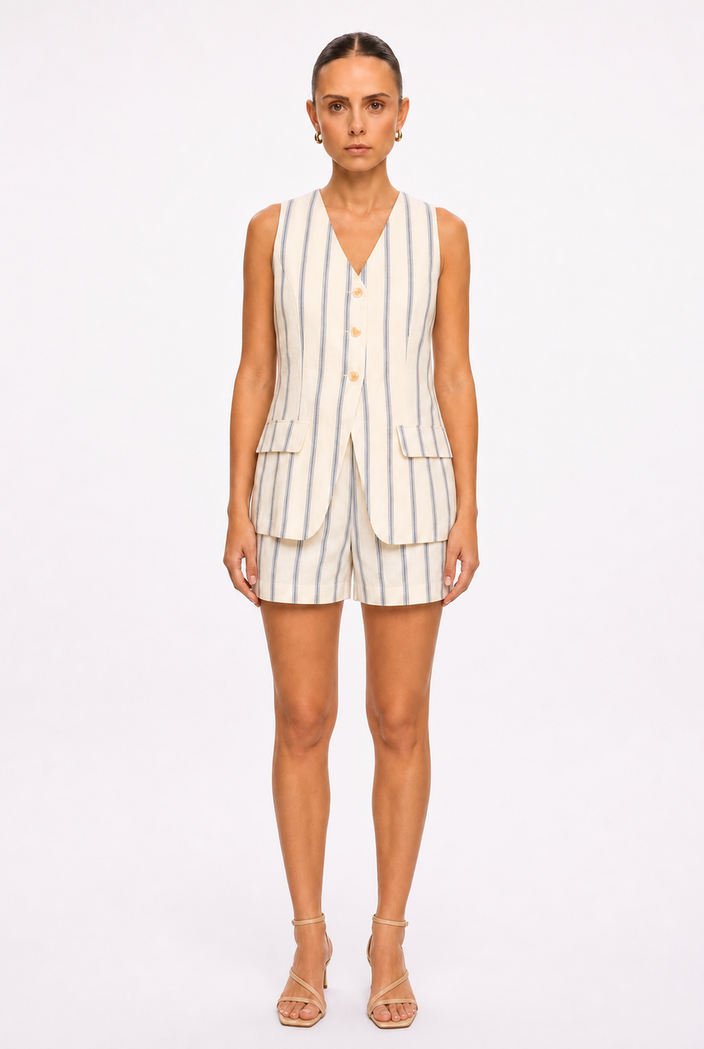 BLUE STRIPED VEST AND SHORTS SET - Front view