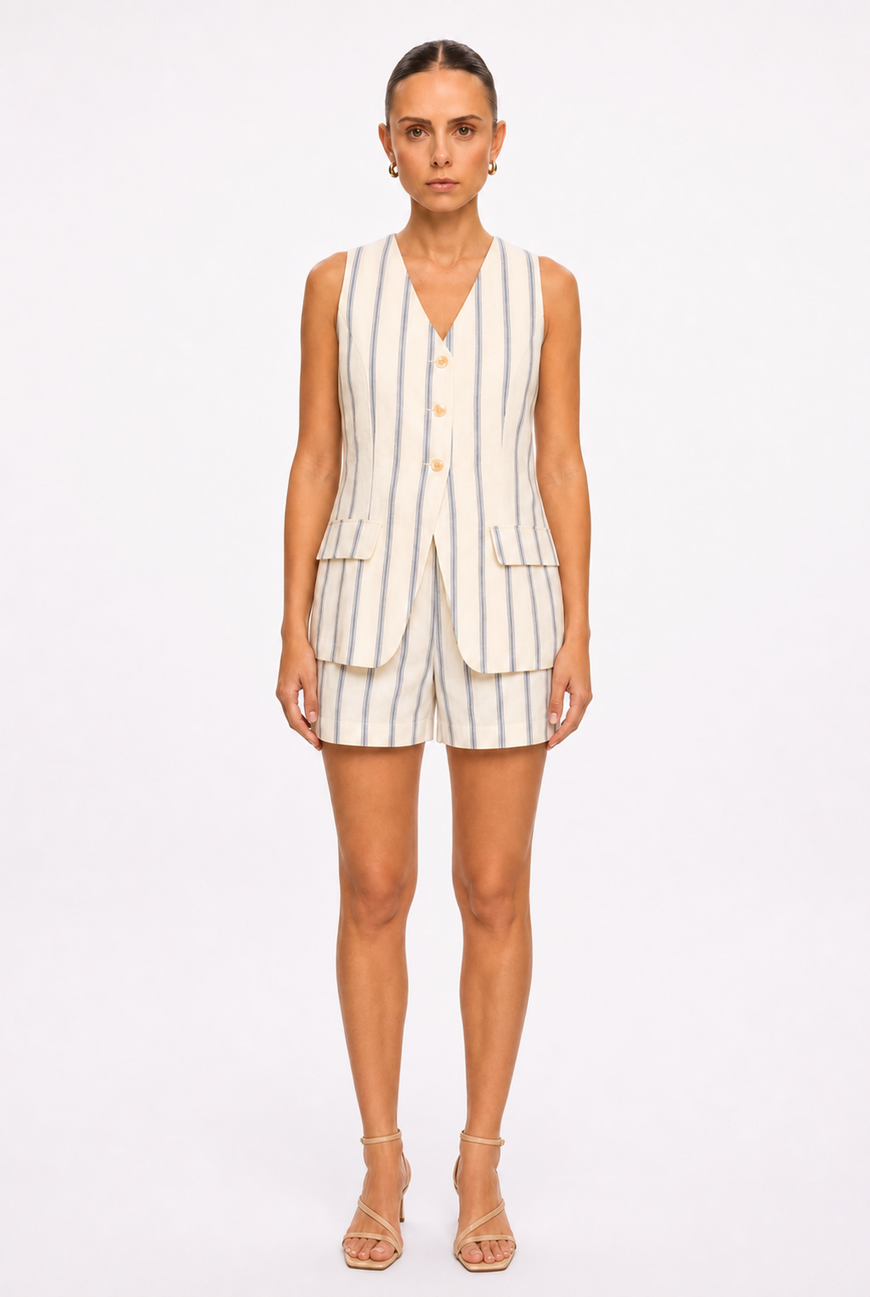 BLUE STRIPED VEST AND SHORTS SET - Front view