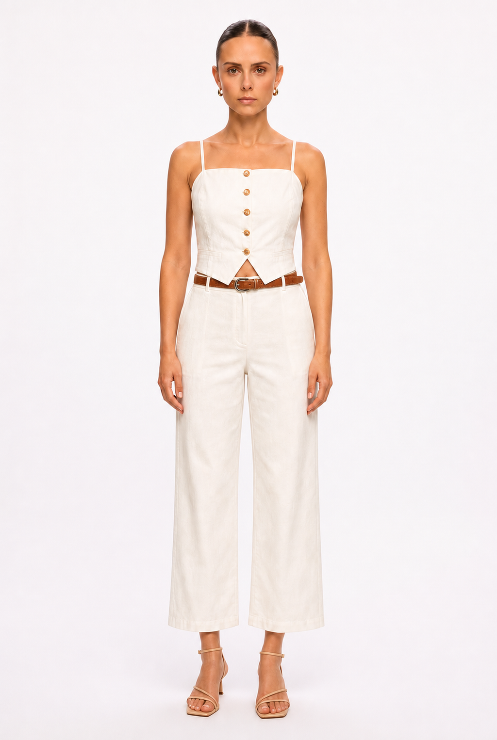 WHITE CAMISOLE TOP AND PANTS SET - Front view