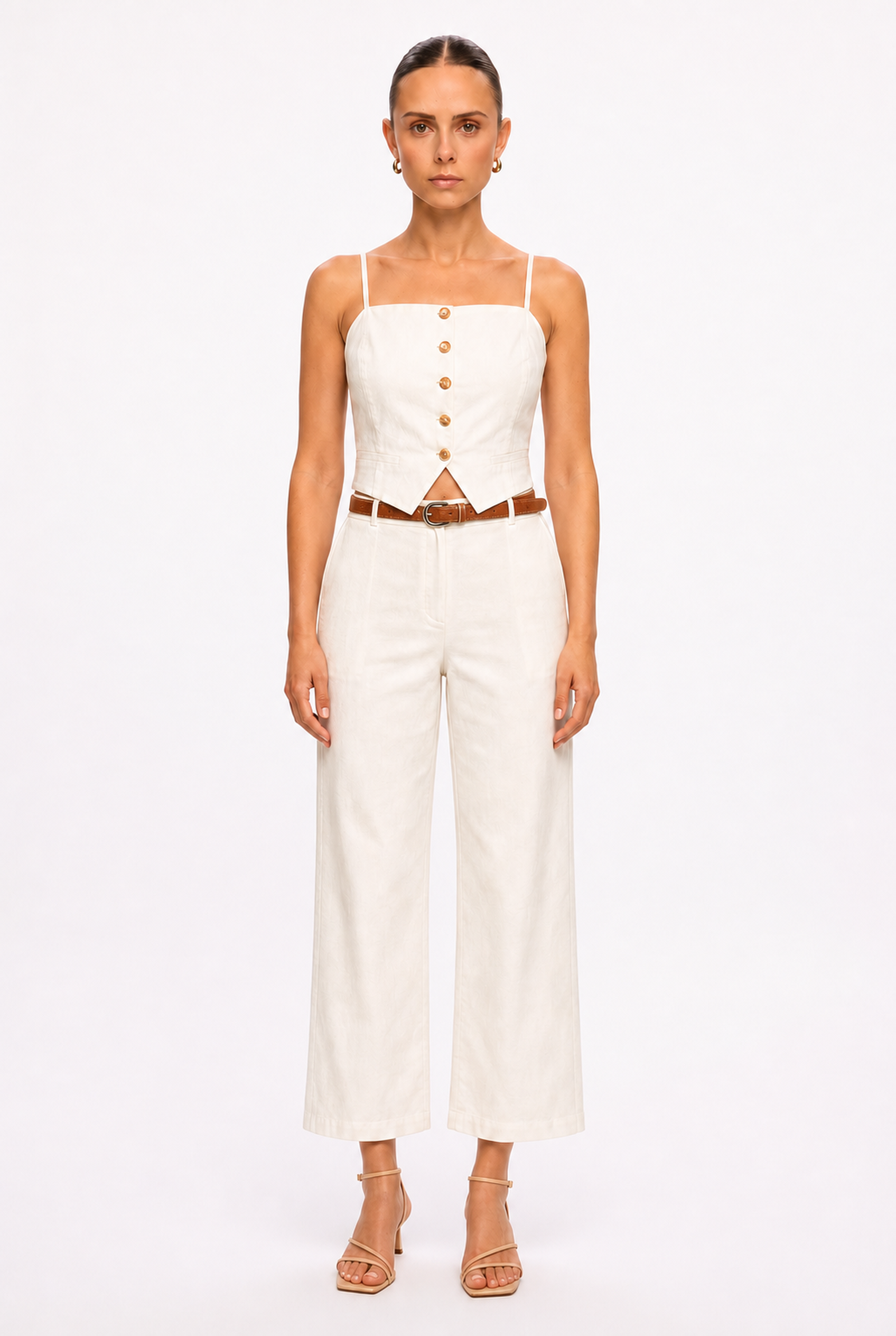 WHITE CAMISOLE TOP AND PANTS SET - Front view