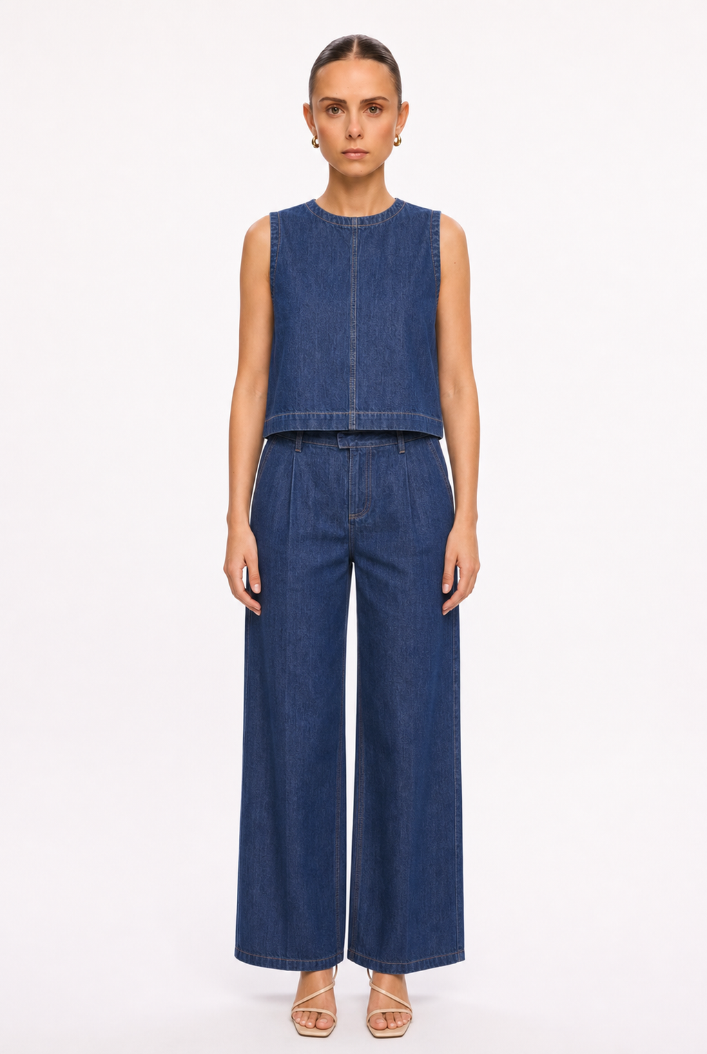 INDIGO DENIM TOP AND PANTS SET - Front view