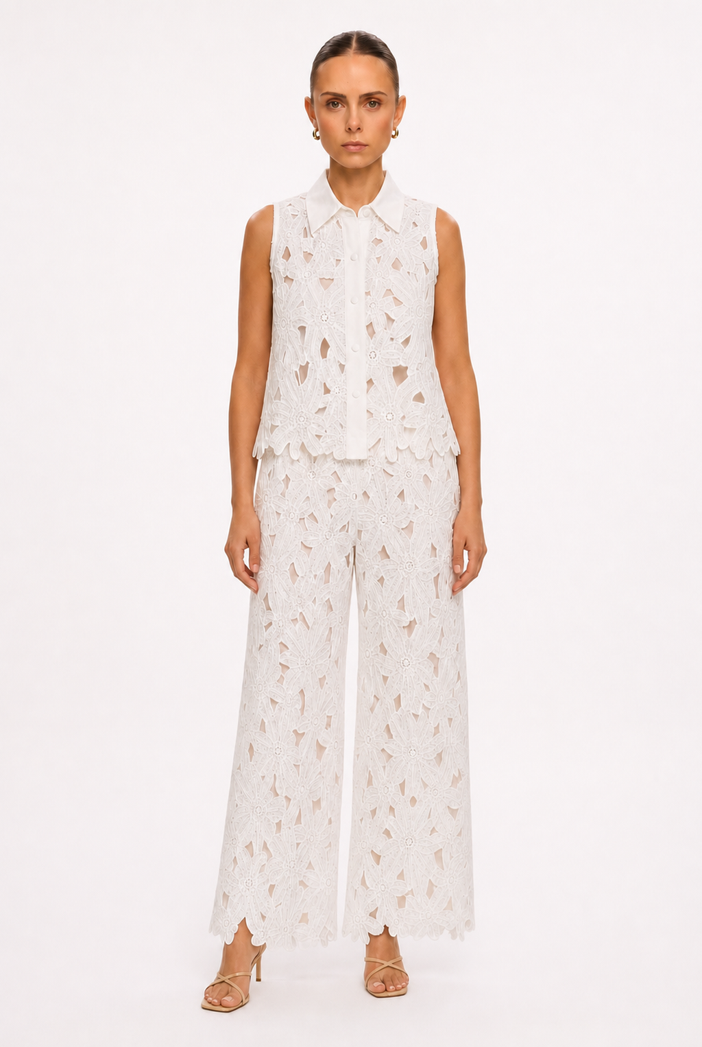 WHITE OPENWORK VEST AND PANTS SET - Front view