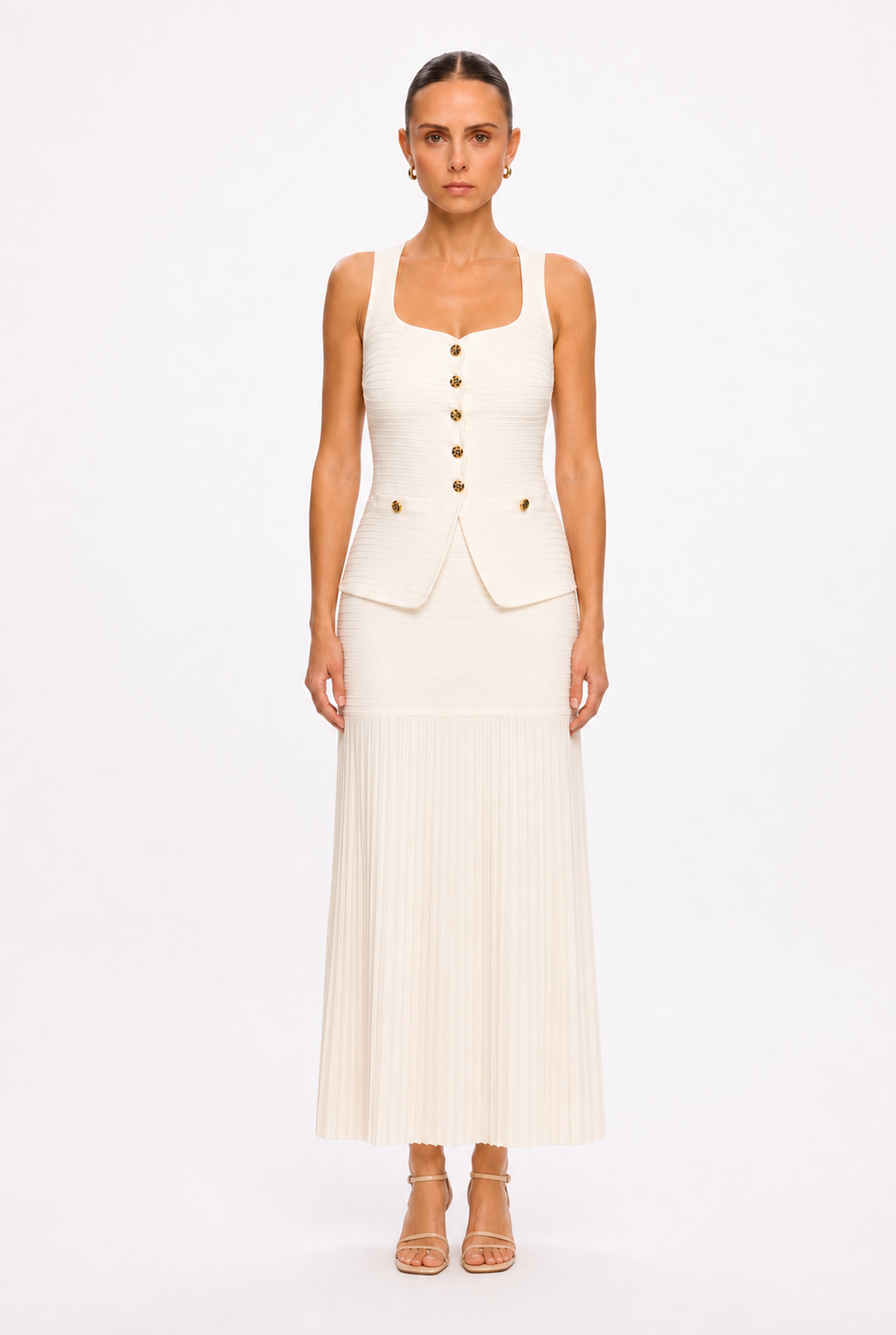 IVORY VEST AND PLEATED SKIRT SET - Front view