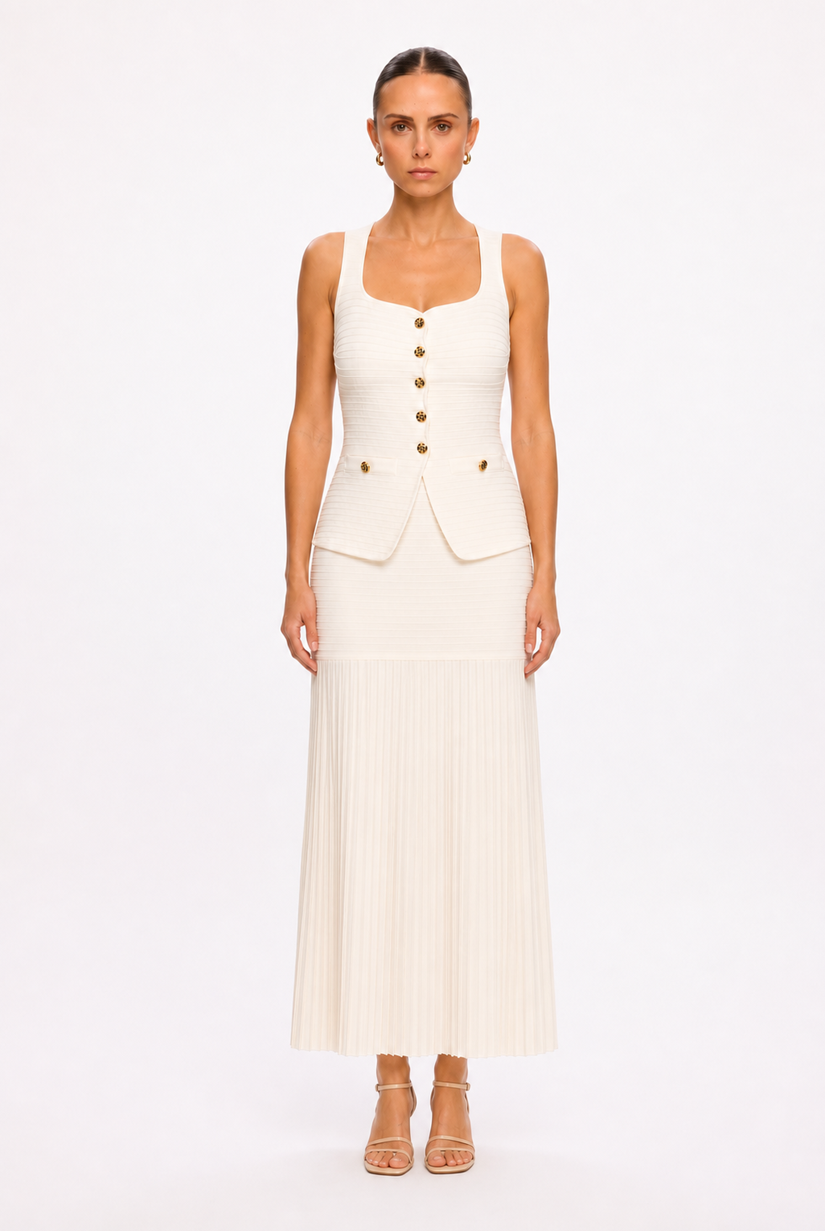 IVORY VEST AND PLEATED SKIRT SET - Front view