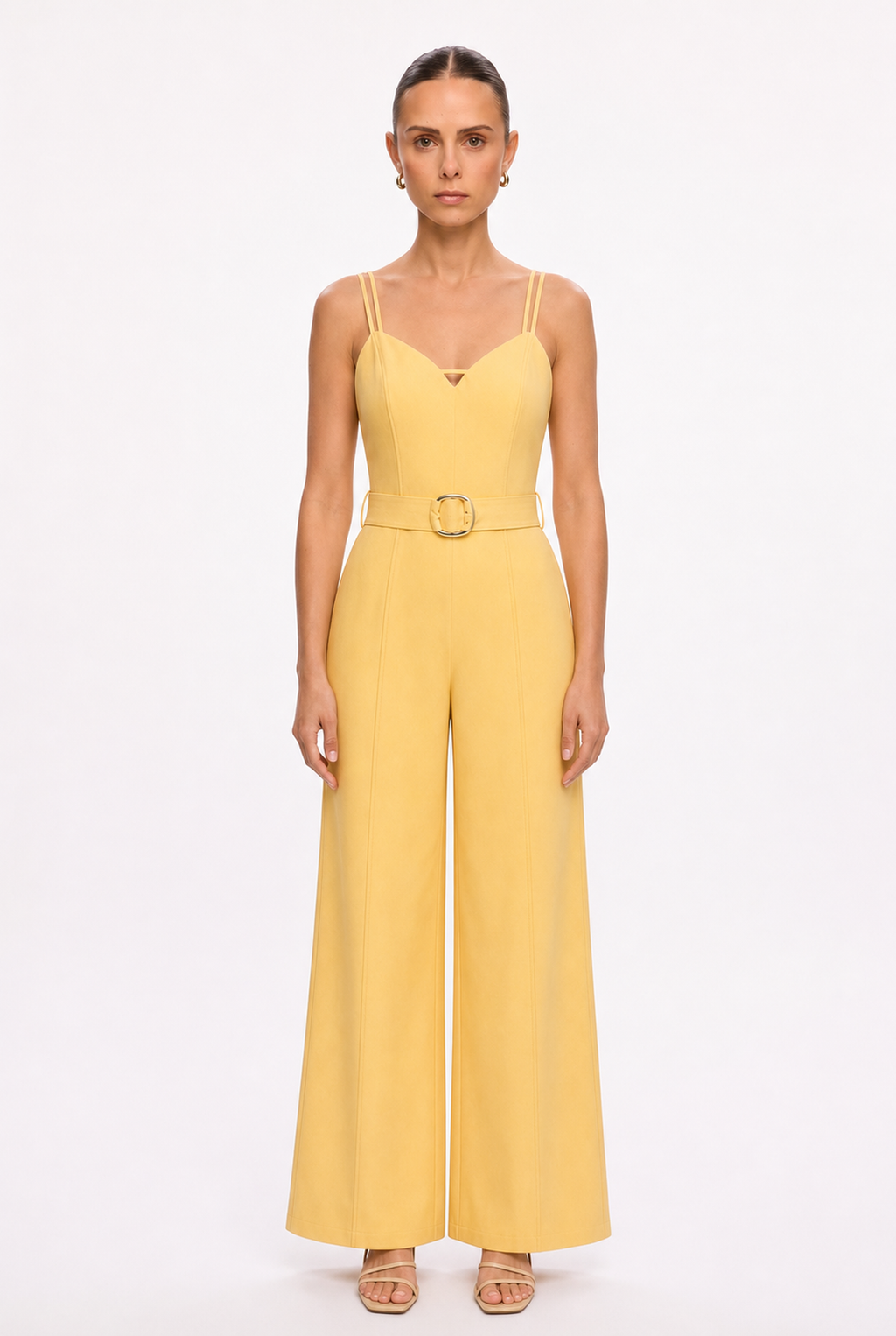 YELLOW BELTED WIDE LEG JUMPSUIT - Front view