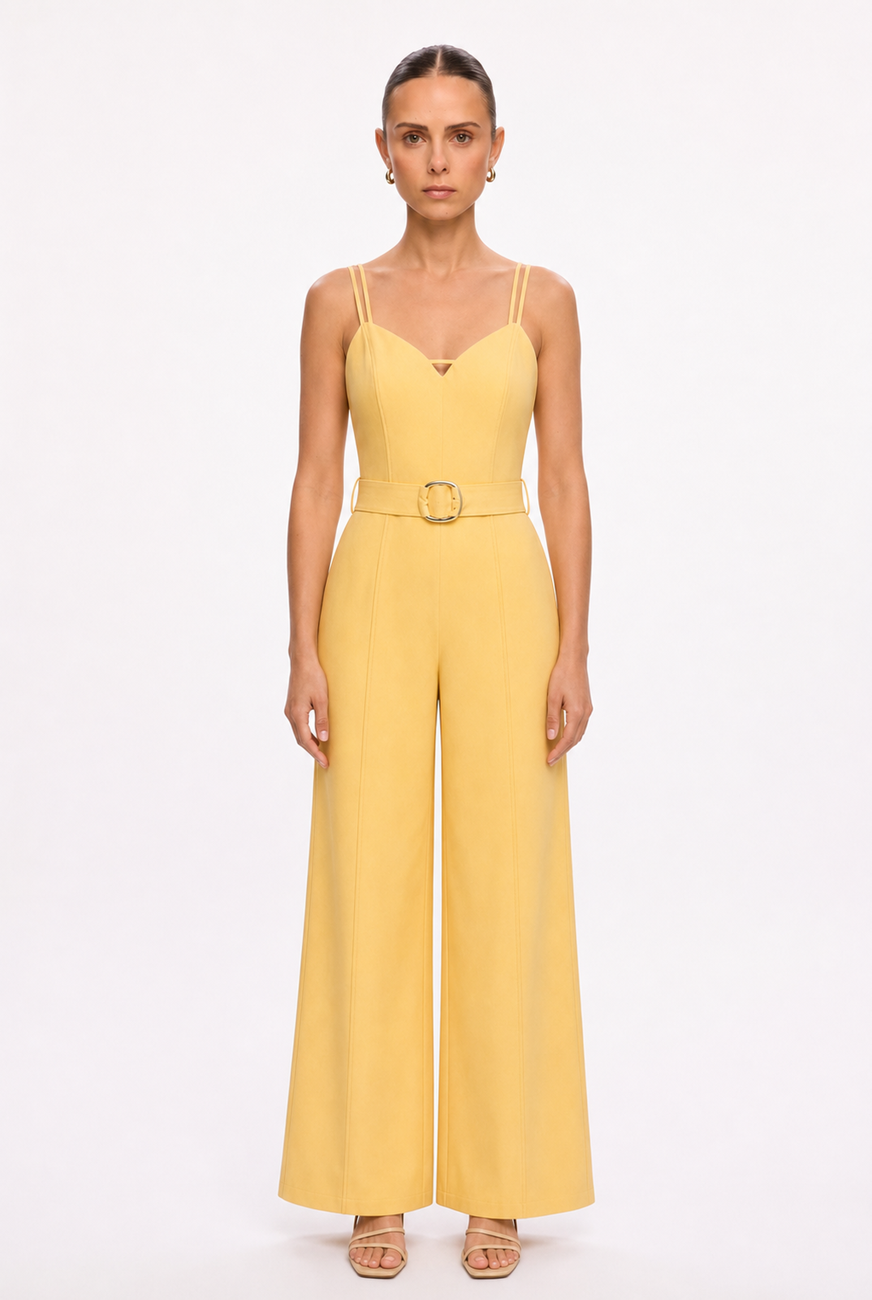 YELLOW BELTED WIDE LEG JUMPSUIT - Front view