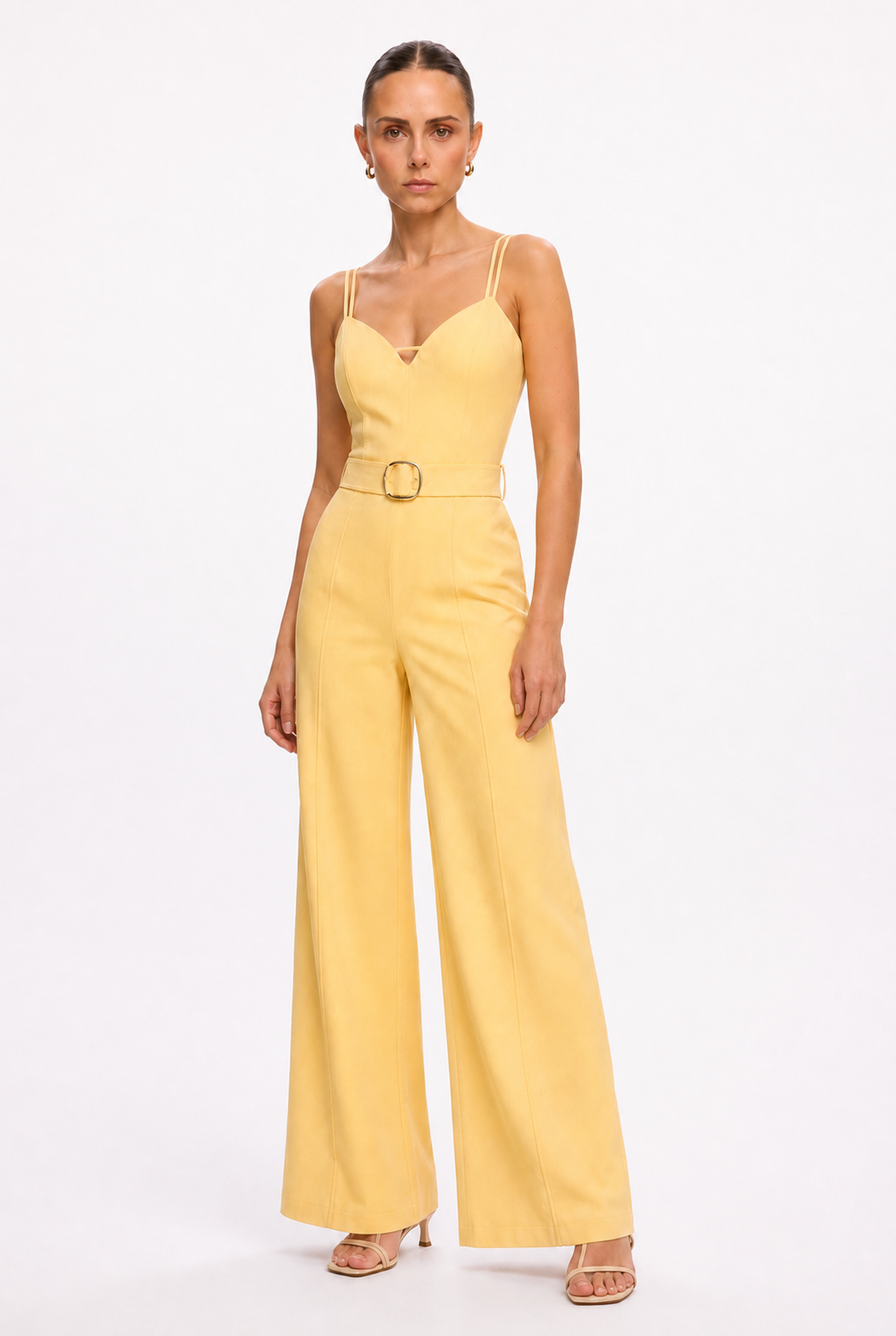 YELLOW BELTED WIDE LEG JUMPSUIT - Three-quarter view