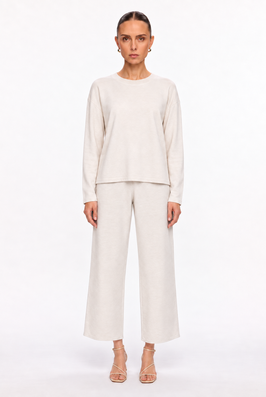 LIGHT BEIGE SOFT-KNIT TOP & PANTS SET - front view