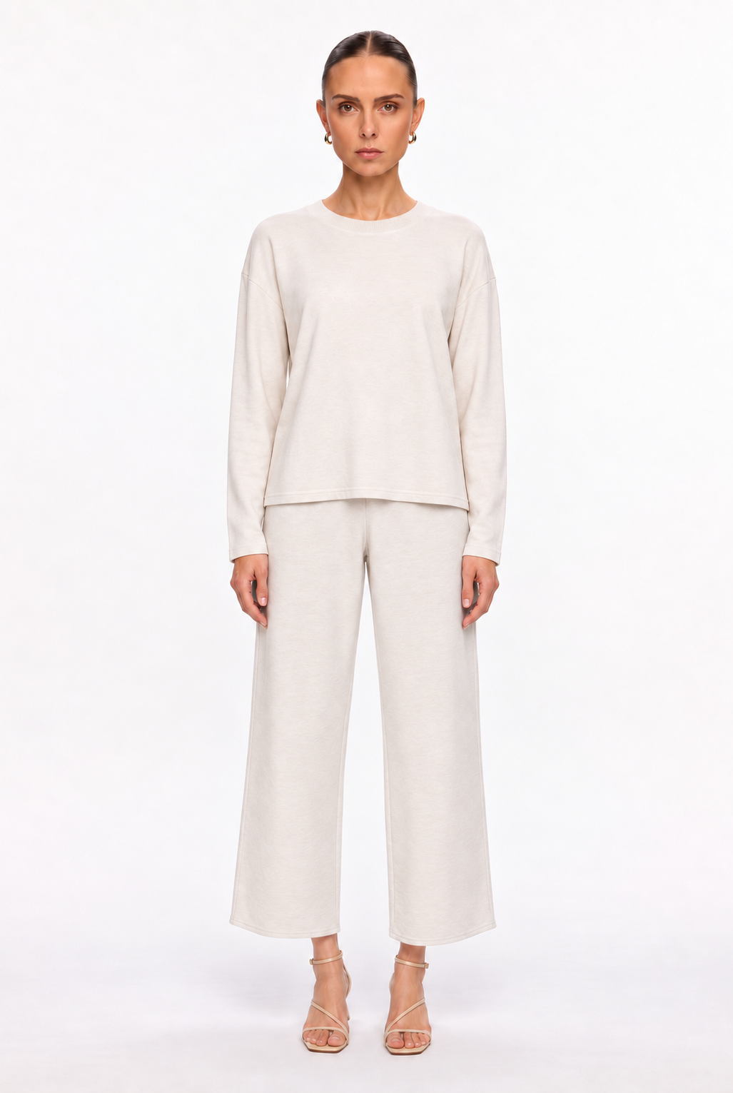 LIGHT BEIGE SOFT-KNIT TOP & PANTS SET - front view